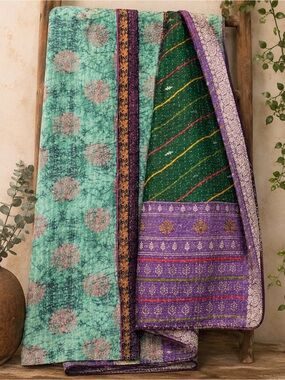 Vintage Handmade Printed Kantha Quilt India Sari Throw Blanket Twin 52x80